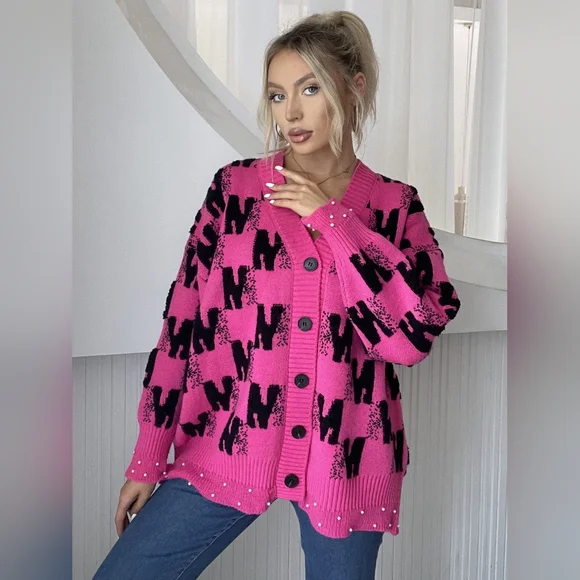 Pink and Black Women's Cardigan Sweater With Pearl Trim. One Size Fits